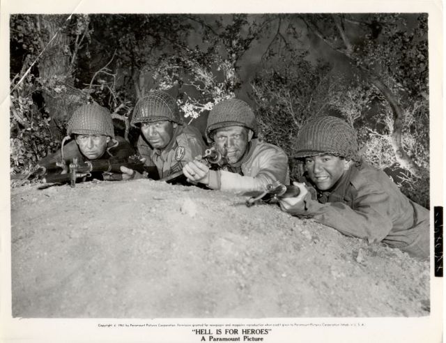 Another deleted scene or staged photo featuring 
Homer (Nick Adams), Sgt. Pike (Fess Parker), 
Reese (Steve McQueen) and Pvt. Corby (Bobby Darin).